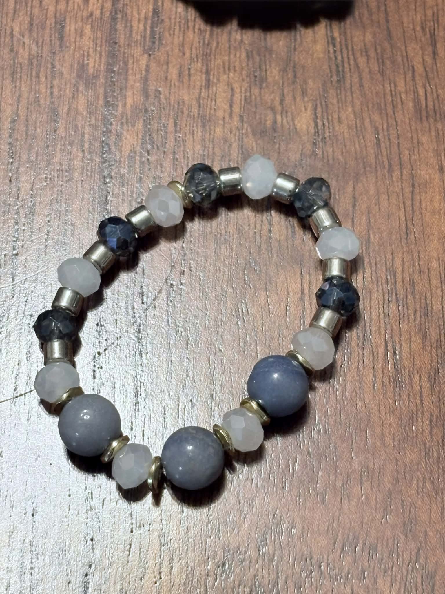 Moonstone Gray, Blue & Gold Beaded Bracelet