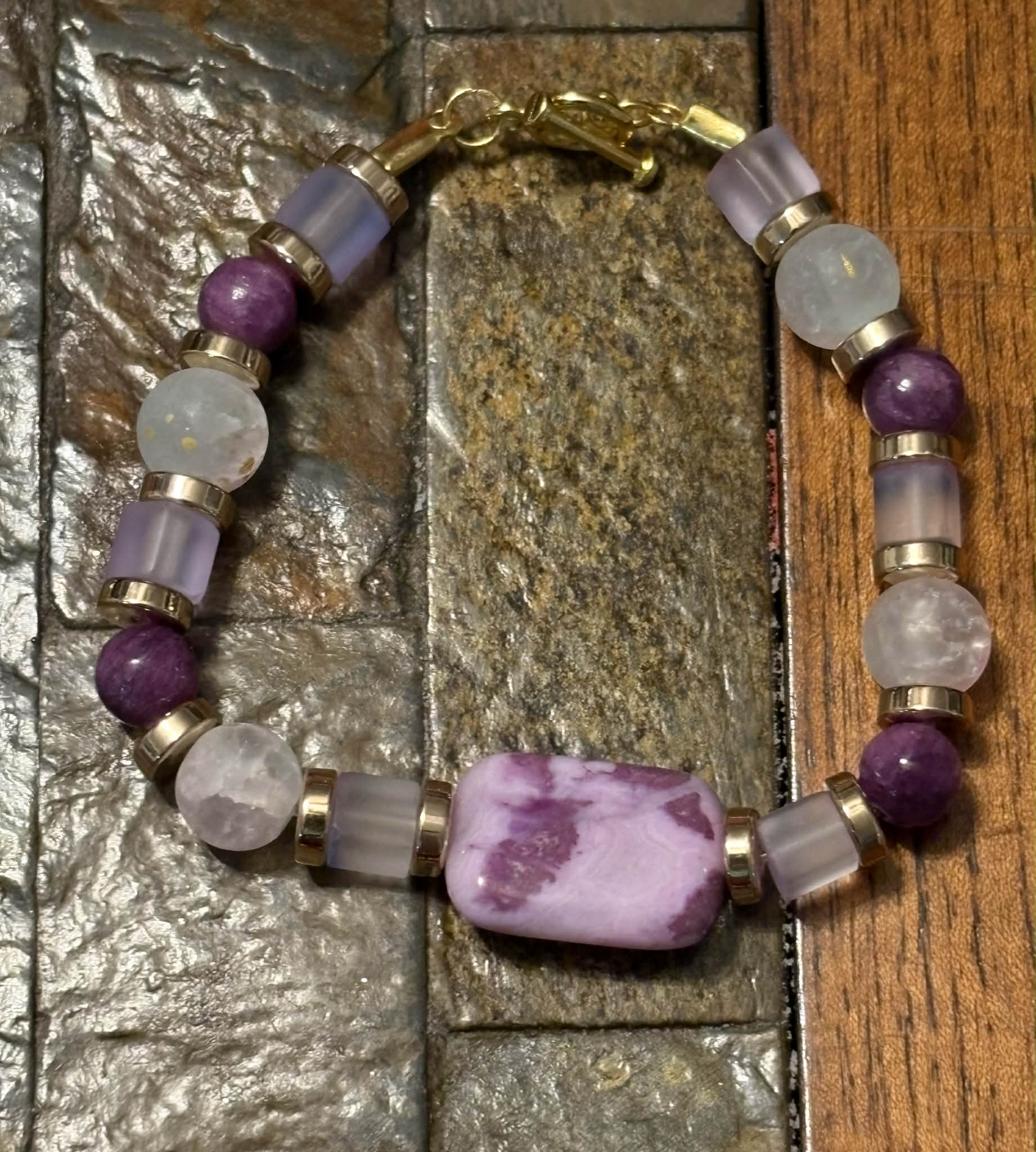 Purple Stone Statement Bracelet with Gold Accents