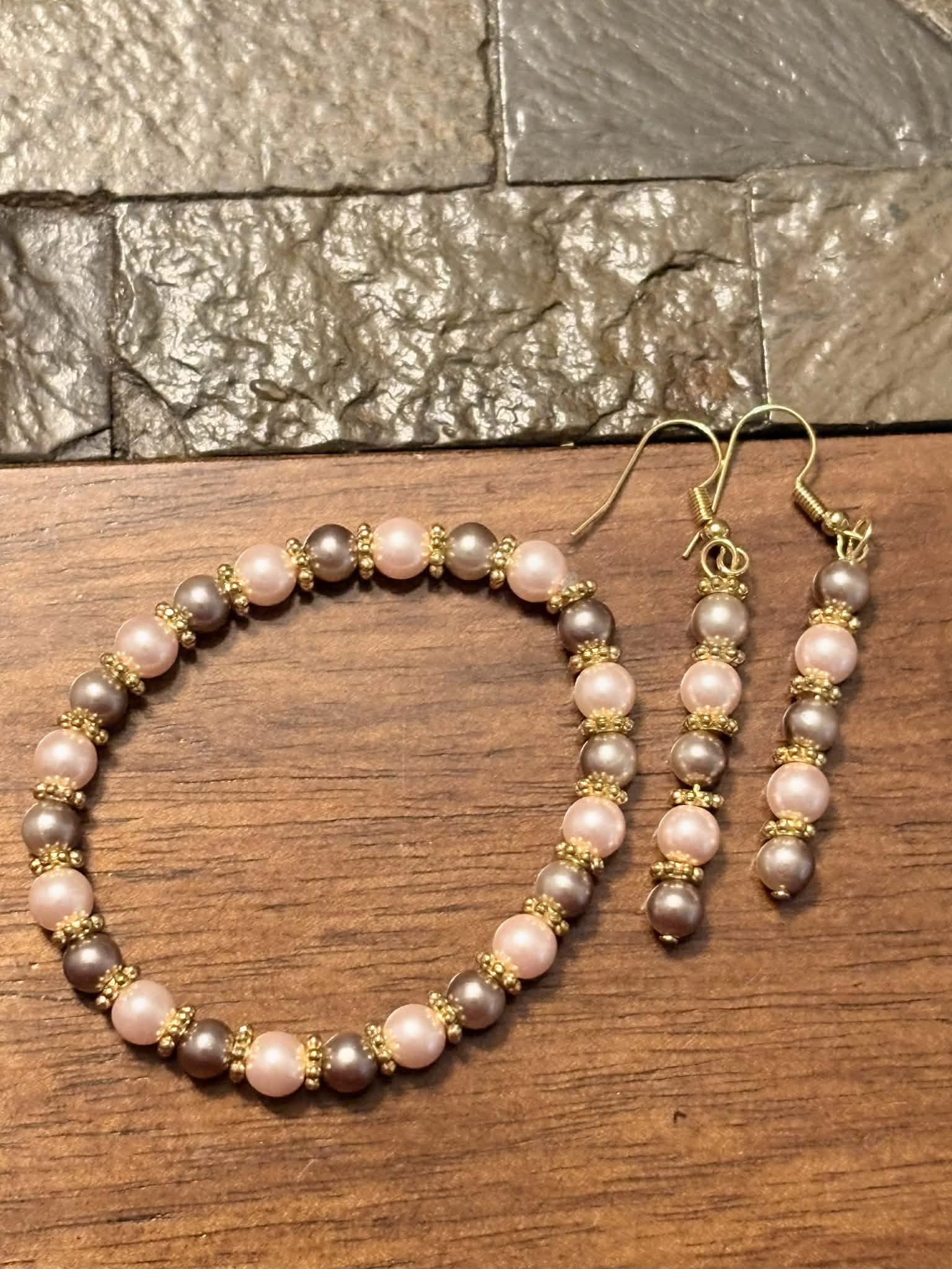Pink & Gray Pearl Bracelet and Earring Set