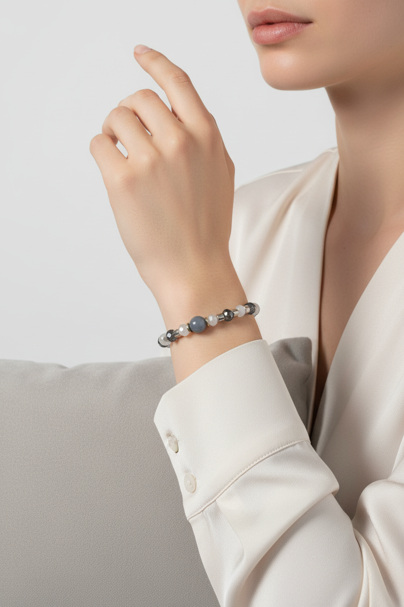 Moonstone Gray, Blue & Gold Beaded Bracelet