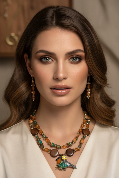 Model wearing bird pendant necklace and earring set