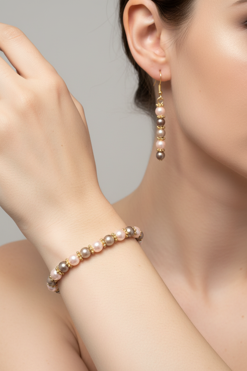 Pink & Gray Pearl Bracelet and Earring Set
